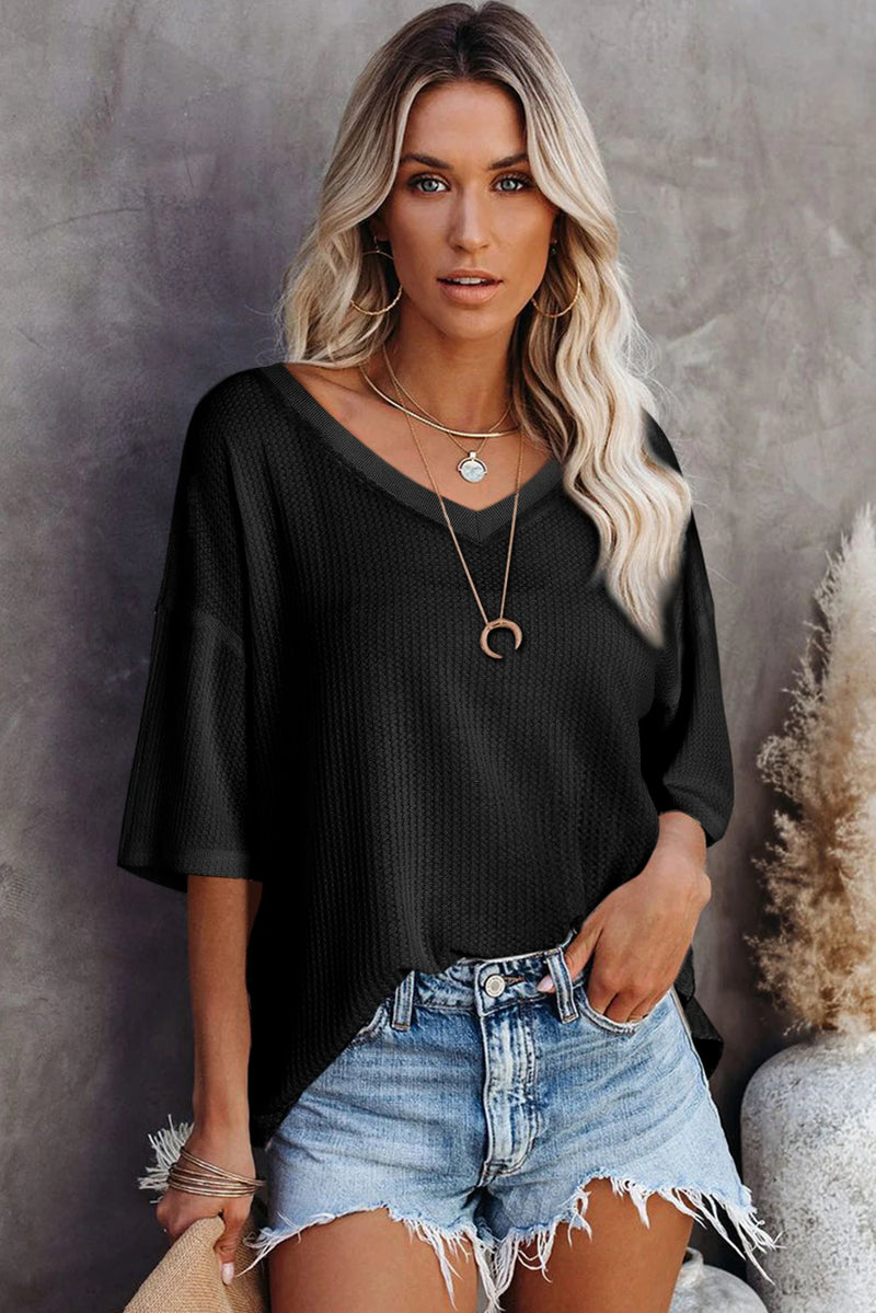 Black Waffle Texture Ribbed V Neck Drop Shoulder Loose Tee