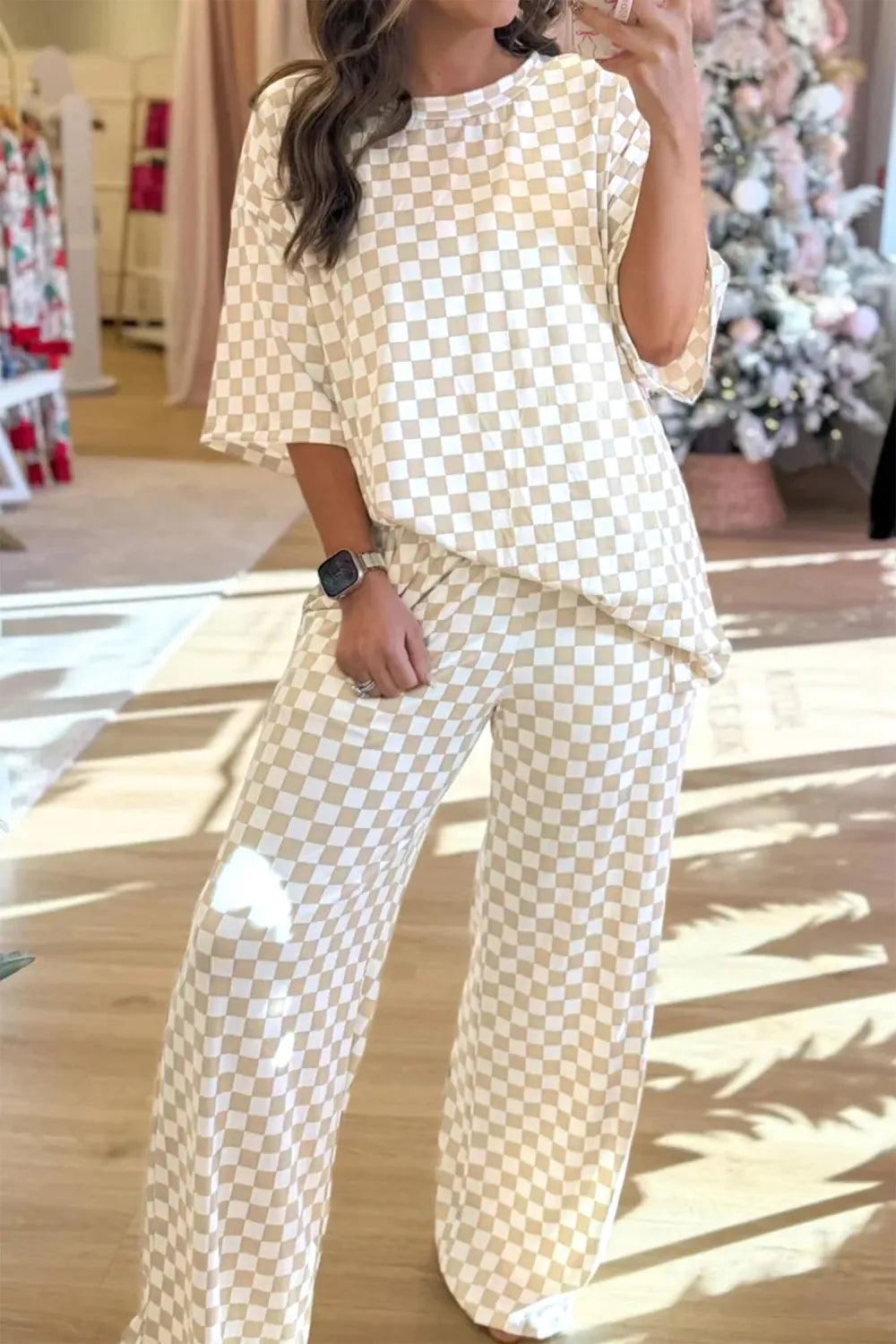 Khaki & White 2pc Checkered Print Half Sleeve Loungewear with Pockets