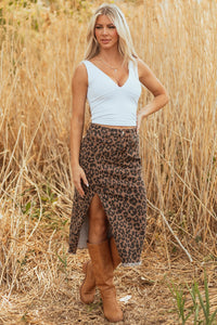 Brown Leopard Frayed-Bottom Denim Skirt with Slit