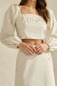 Square Neck Balloon Sleeved Top & Midi Skirt Set (Cotton/Linen Blend)