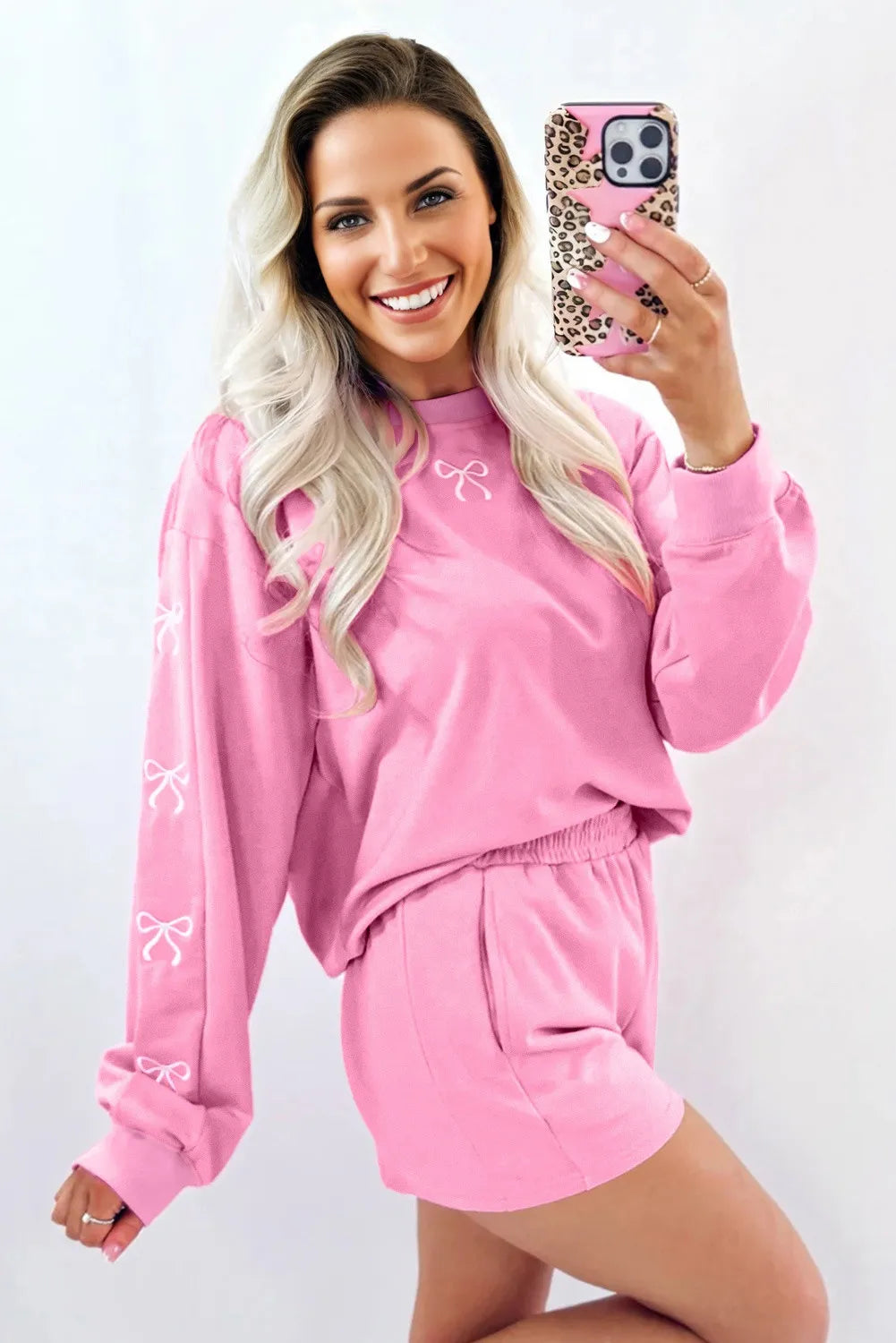 Pink, Bow Embroidered 2pc Sweatshirt & Shorts Loungewear Set with Pockets