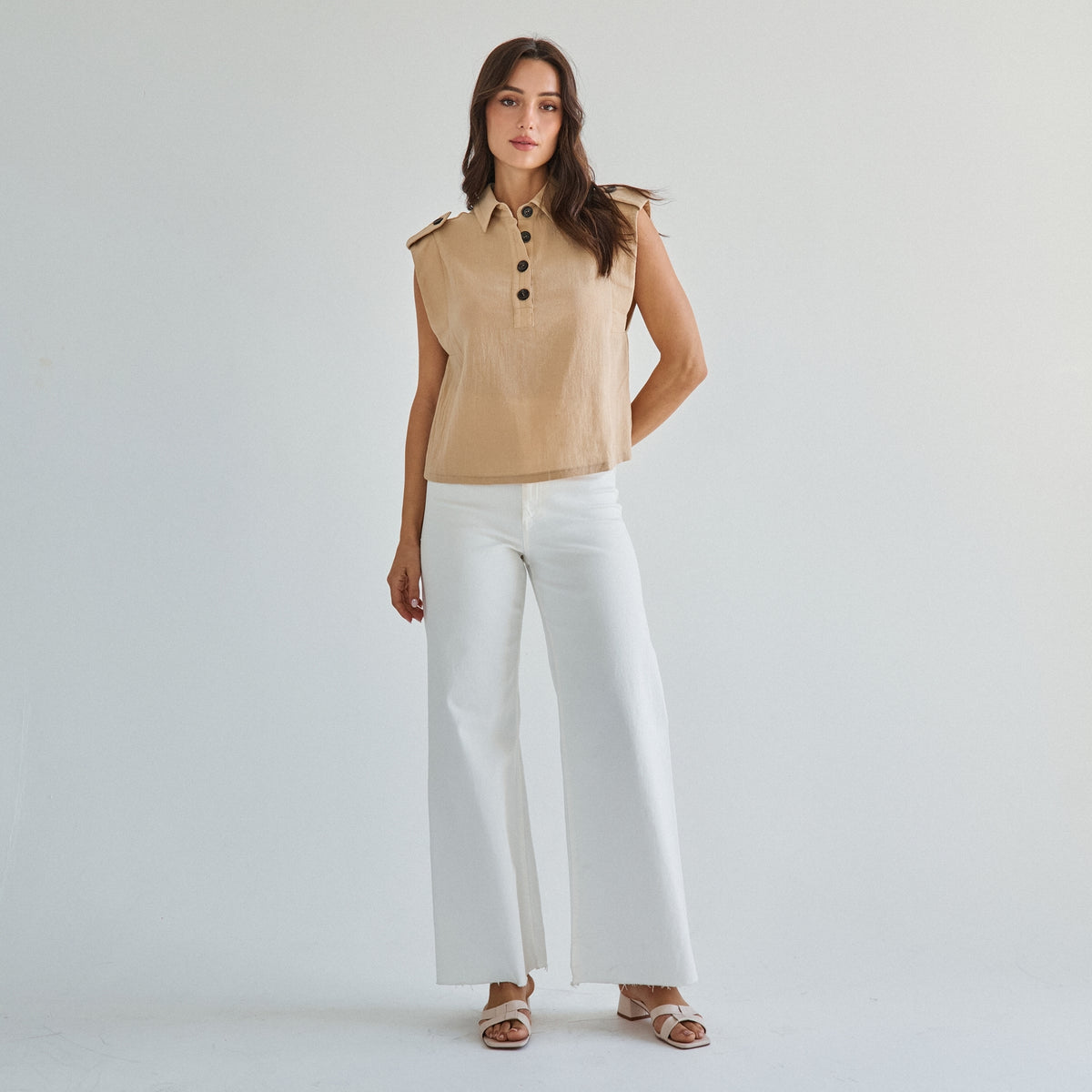 Sleeveless Button 100% Cotton Beige Top w/Extra Side Bra Coverage
