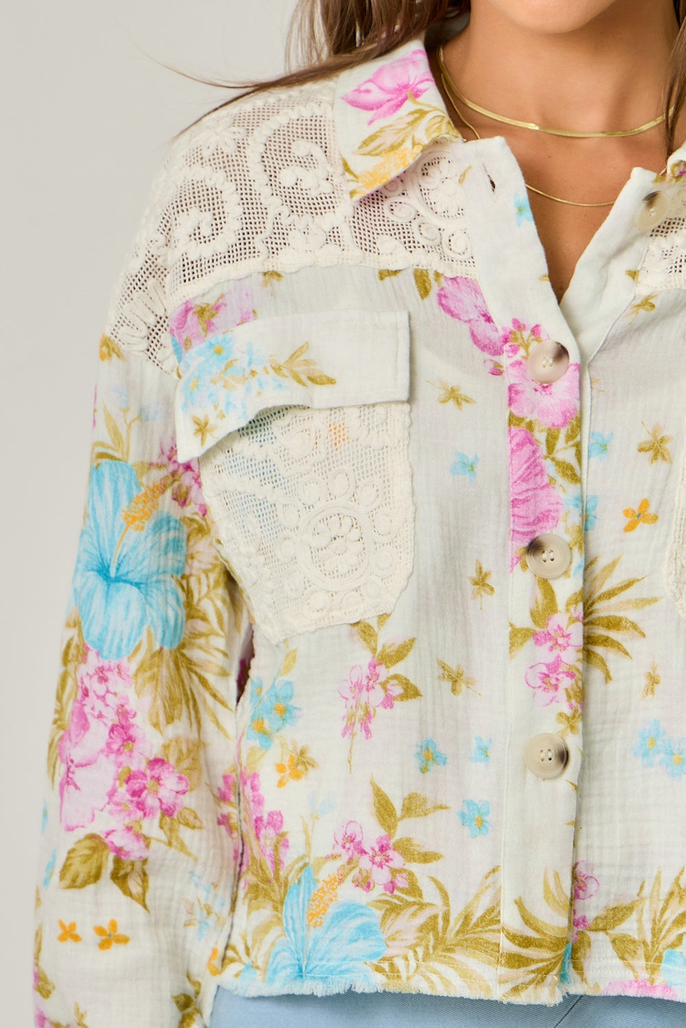 White Floral 100% Cotton and Lace Lightweight Jacket