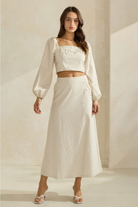 Square Neck Balloon Sleeved Top & Midi Skirt Set (Cotton/Linen Blend)