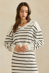Ivory w/Black Stripes V-Neck Soft Sweater