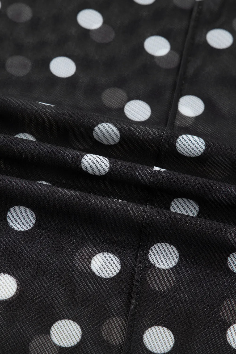 All-Over Black/White Polka Dot Mock Neck Mesh Long Sleeve Top