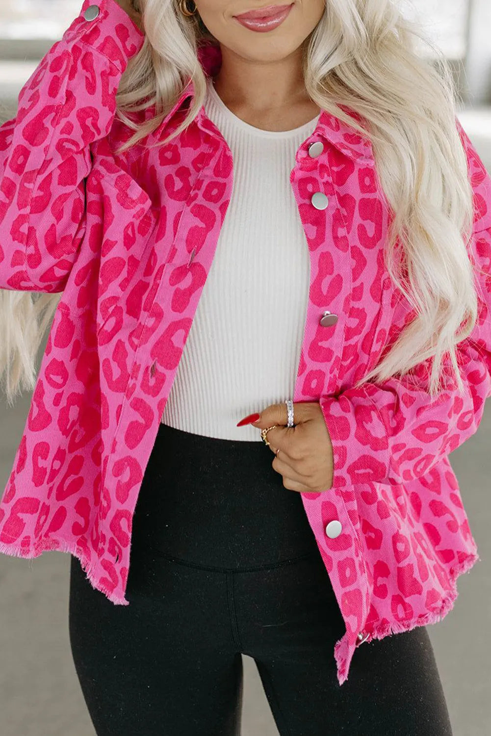 Vibrant Pink Leopard Print Lightweight Jean Jacket with Raw Hem