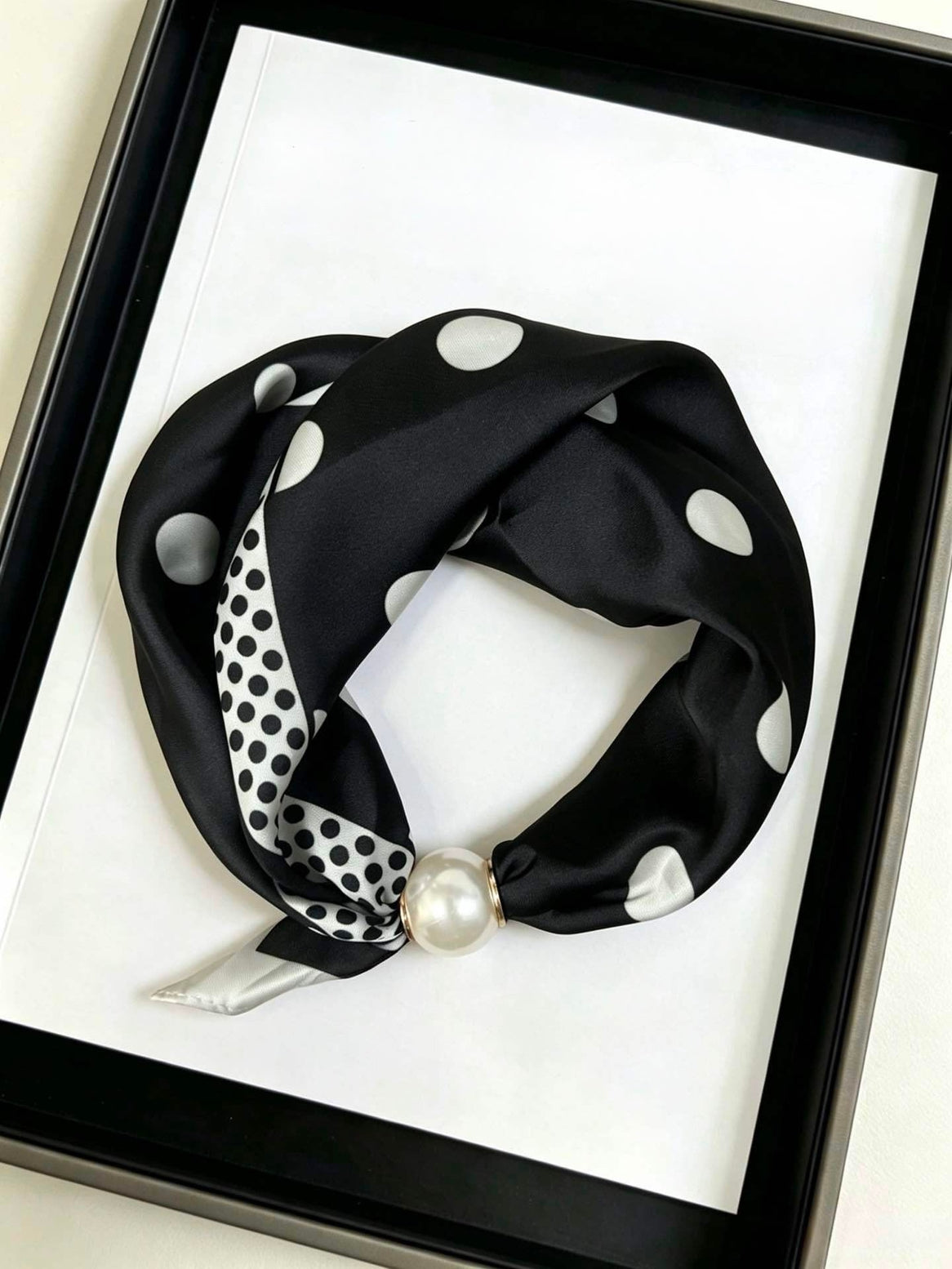 Layla Satin (Black) Scarf w/Magnetic Pearl Clasp