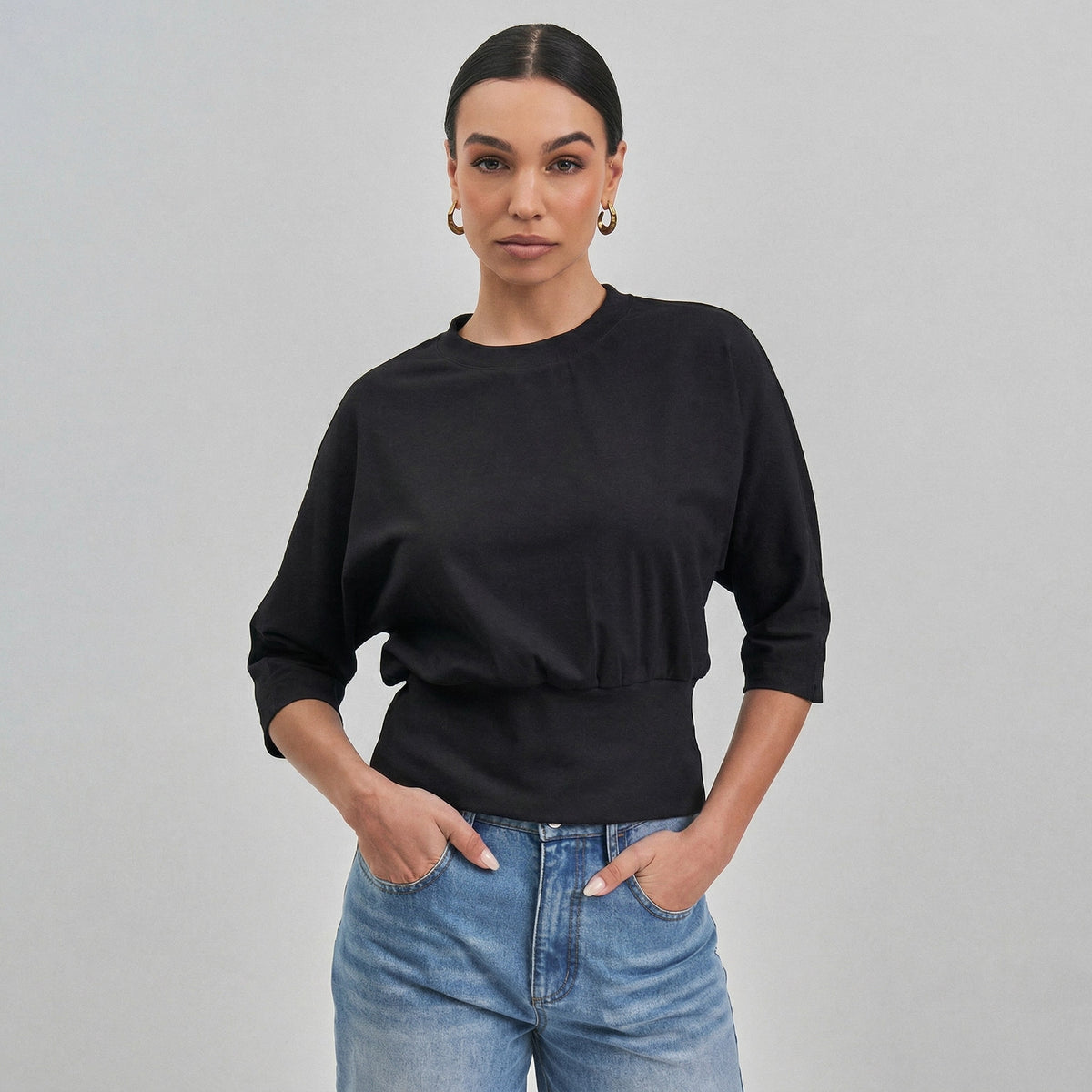 Jaclyn (Black) 3/4 Sleeve 94% Cotton Top