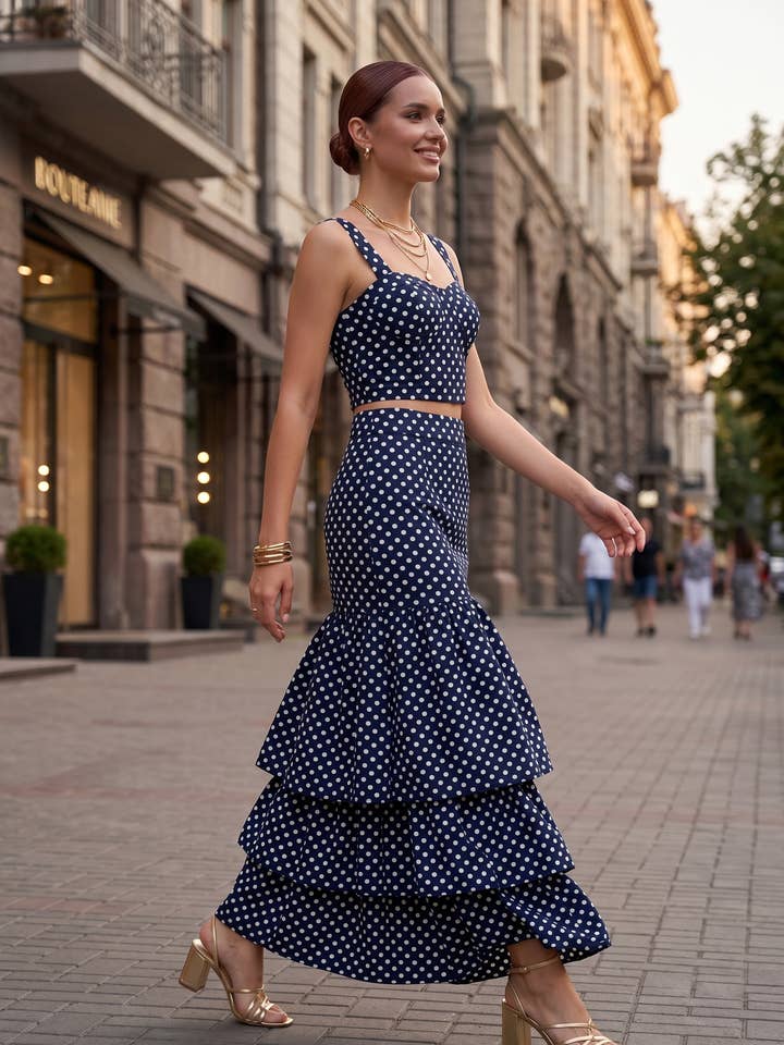 Polka Dot (100% Cotton) Cascading Tiered Maxi Skirt - Navy