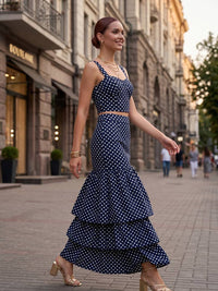 Polka Dot (100% Cotton) Cascading Tiered Maxi Skirt - Navy