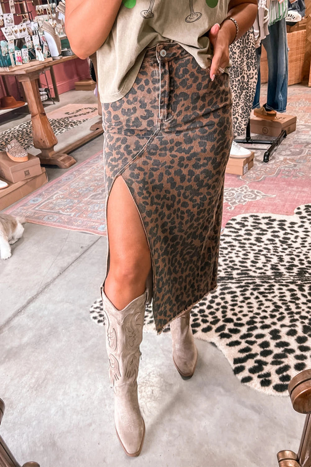 Brown Leopard Frayed-Bottom Denim Skirt with Slit