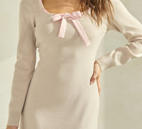 Bow Knit Ruffle Hem Long Sleeve Mini Dress