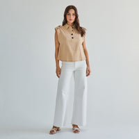 Sleeveless Button 100% Cotton Beige Top w/Extra Side Bra Coverage