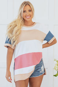 Multicolour Colorblock Patchwork Side Split Tunic T Shirt