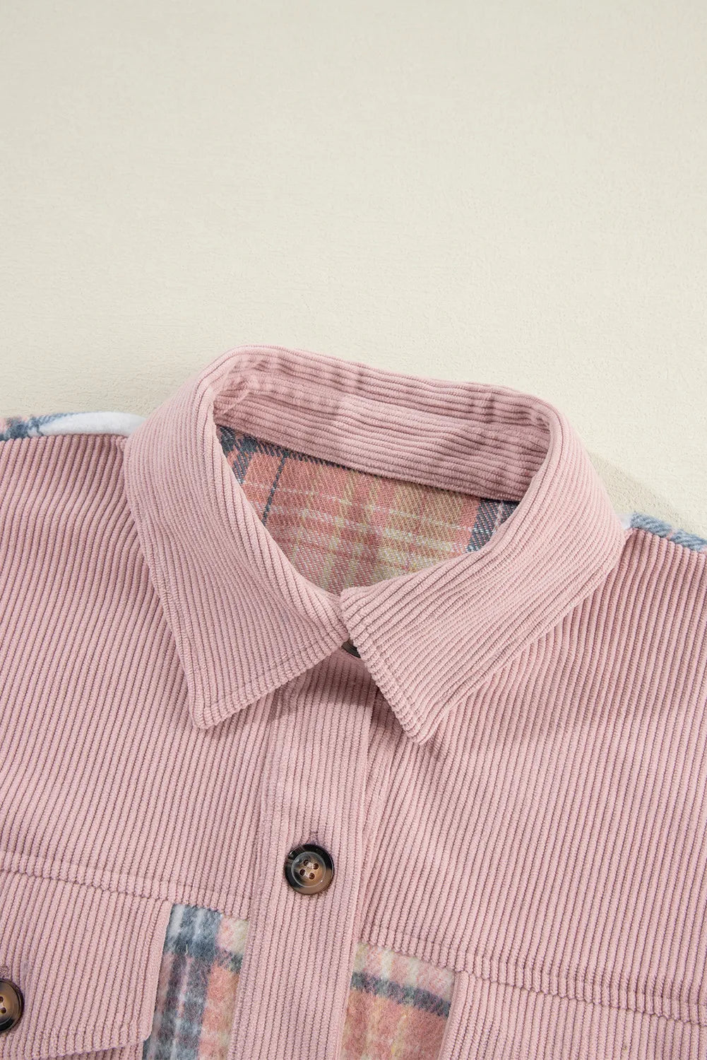 Light Pink Corduroy and Soft Plaid Shacket with Pockets