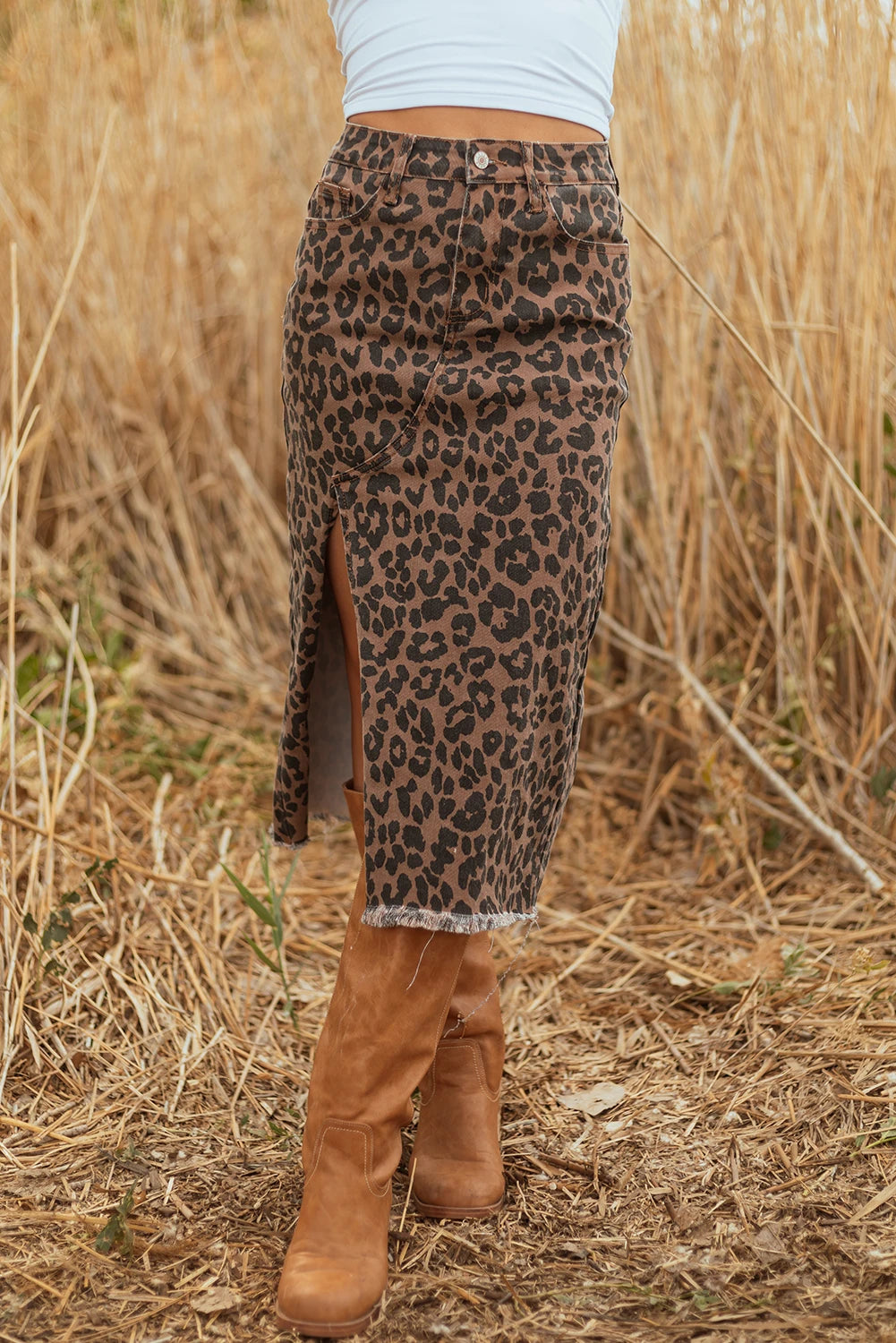 Brown Leopard Frayed-Bottom Denim Skirt with Slit