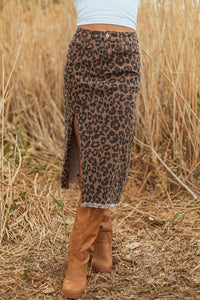 Brown Leopard Frayed-Bottom Denim Skirt with Slit