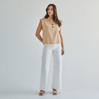Sleeveless Button 100% Cotton Beige Top w/Extra Side Bra Coverage