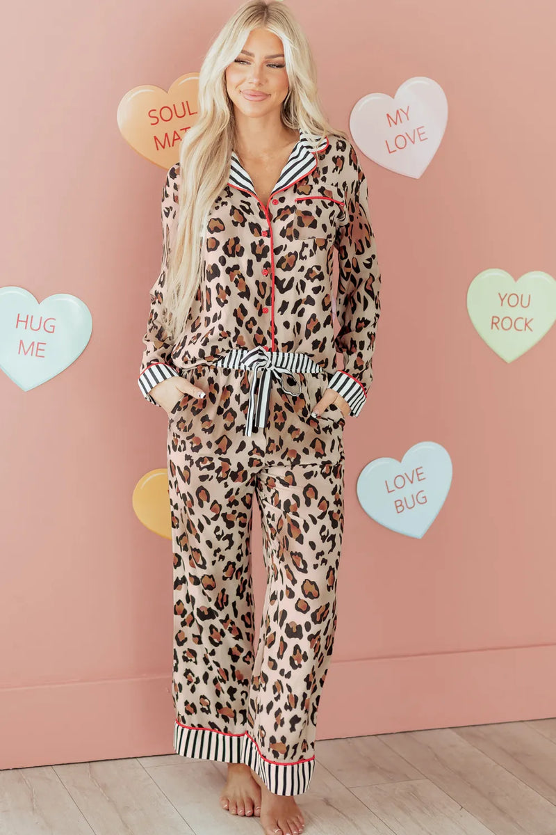 Leopard Print with Black/White Striped Accents 2pc Pants Pajama Set