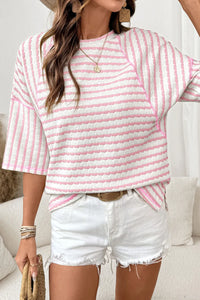 Pink Striped Half Sleeve, Classy Fit Knit Top