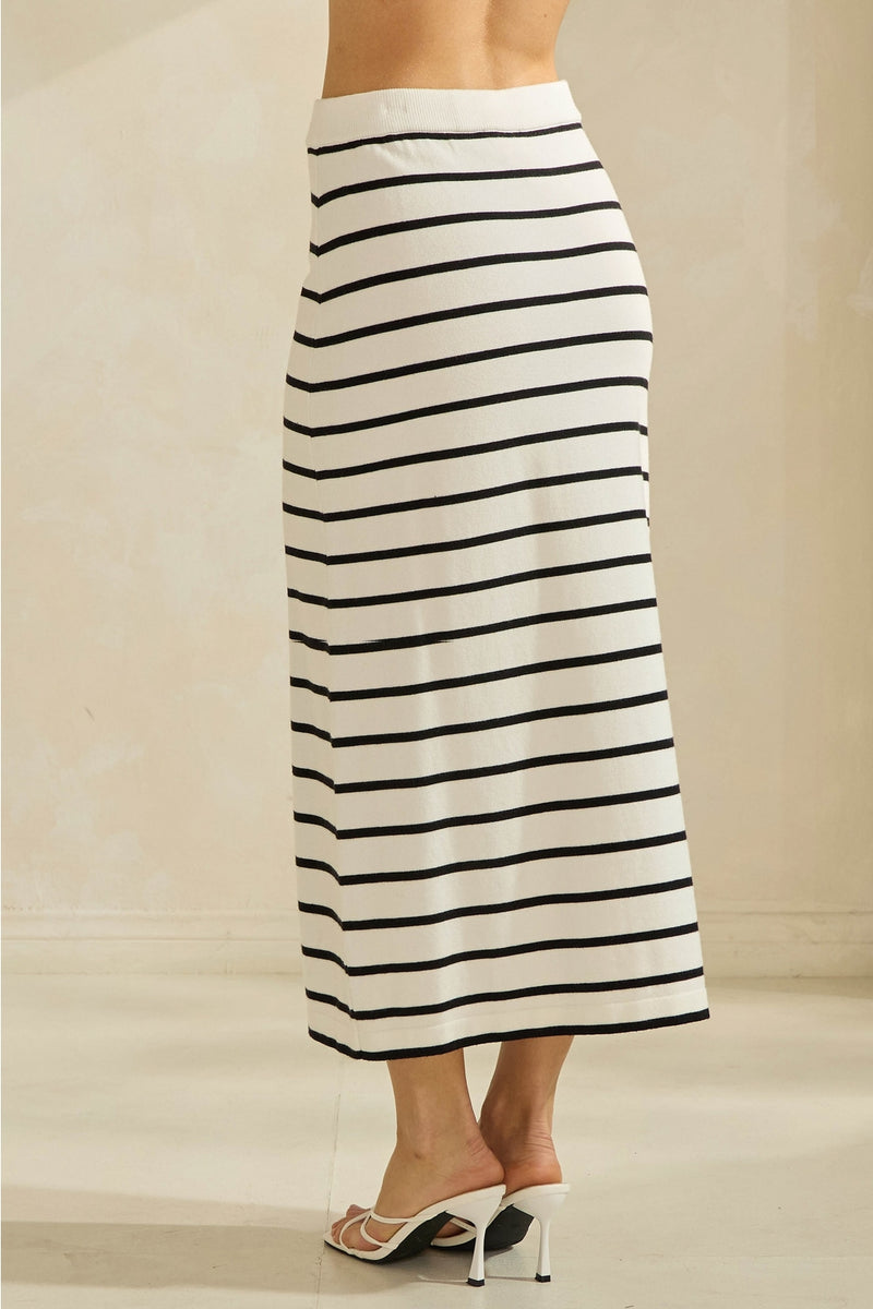Ivory w/Black Stripes Sweater-Feel Midi Skirt