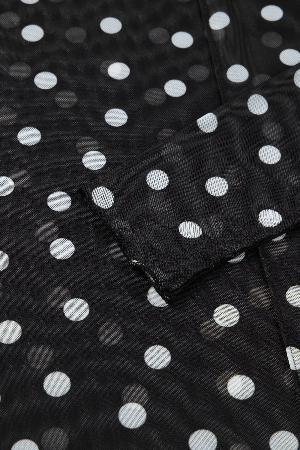 All-Over Black/White Polka Dot Mock Neck Mesh Long Sleeve Top