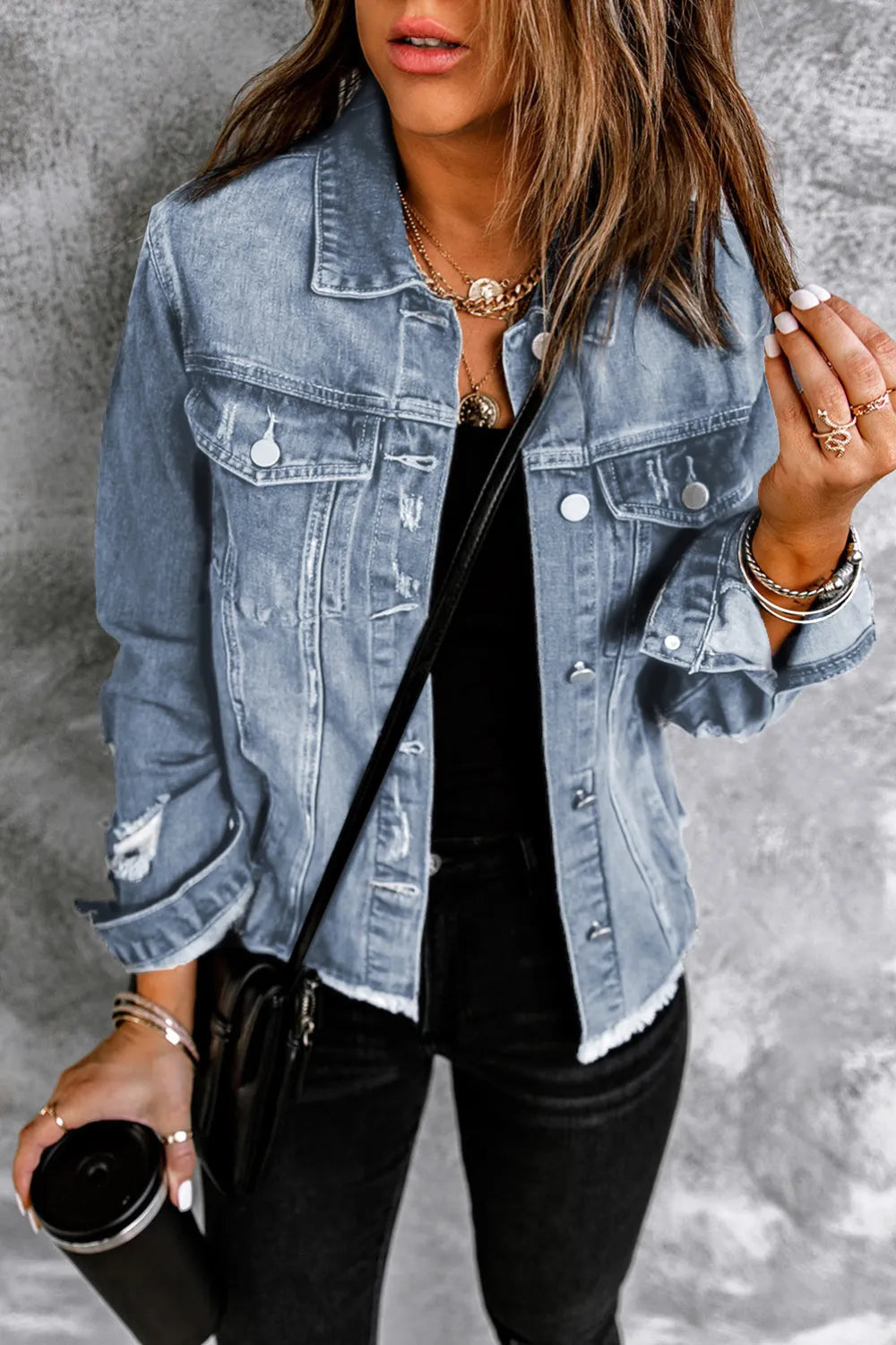 Ella Blue Jean Jacket, Distressed w/Raw Hem