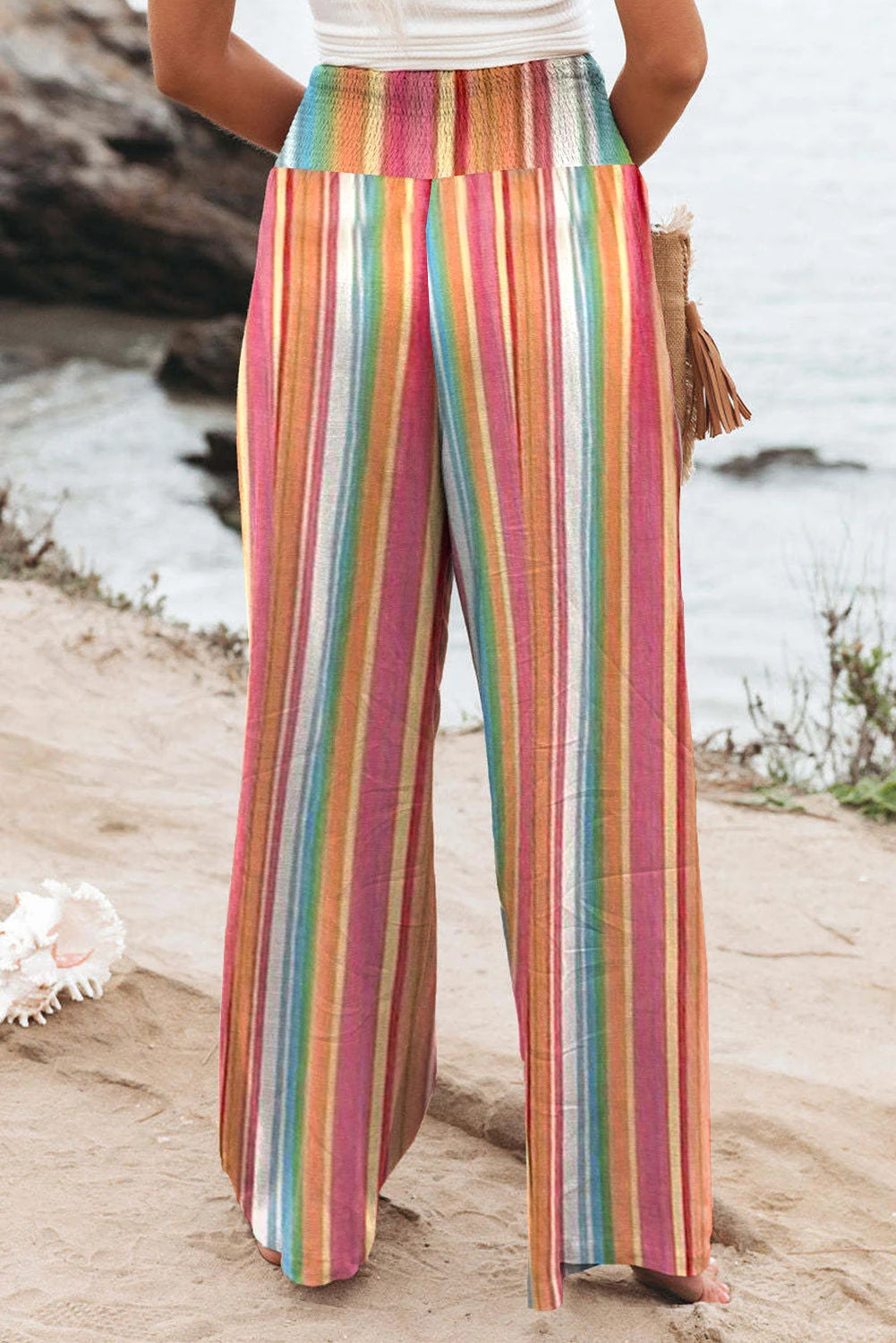Judy Striped Multi-Color Smocked High-Waist Lightweight Pants
