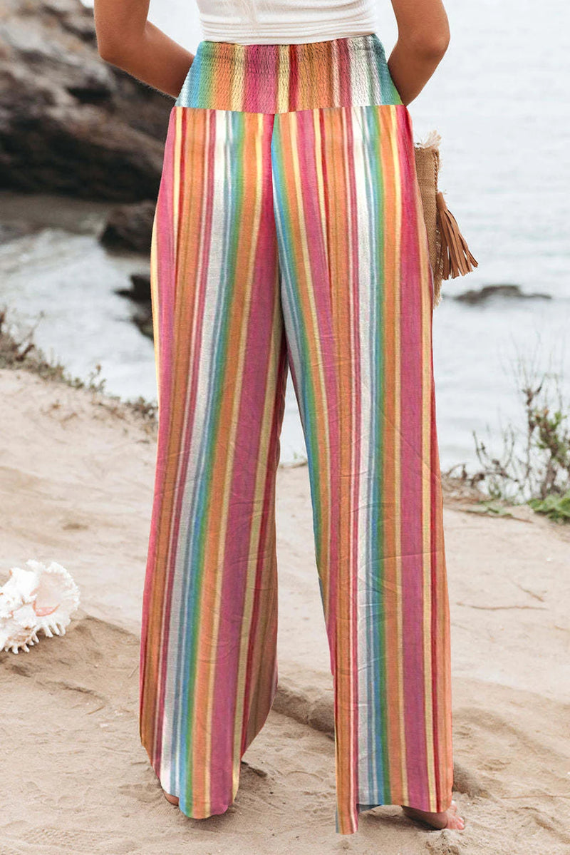 Judy Striped Multi-Color Smocked High-Waist Lightweight Pants