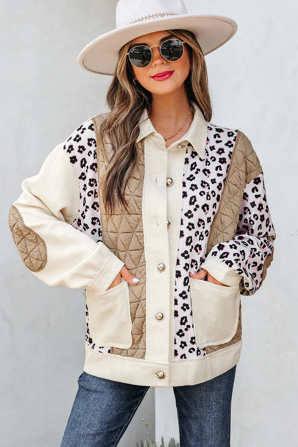 Khaki & Leopard Patchwork Quilted Button-Front Lightweight Jacket with Pockets