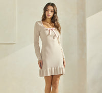 Bow Knit Ruffle Hem Long Sleeve Mini Dress