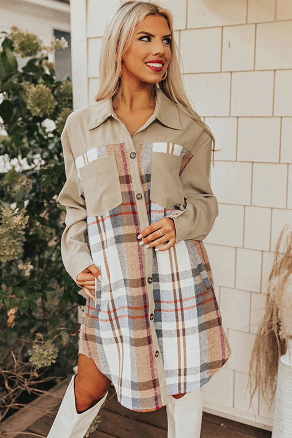 Khaki Plaid Patchwork Mini Dress