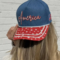 Embroidered (Red, White & Blue) America with Flag Patch Snapback Hat