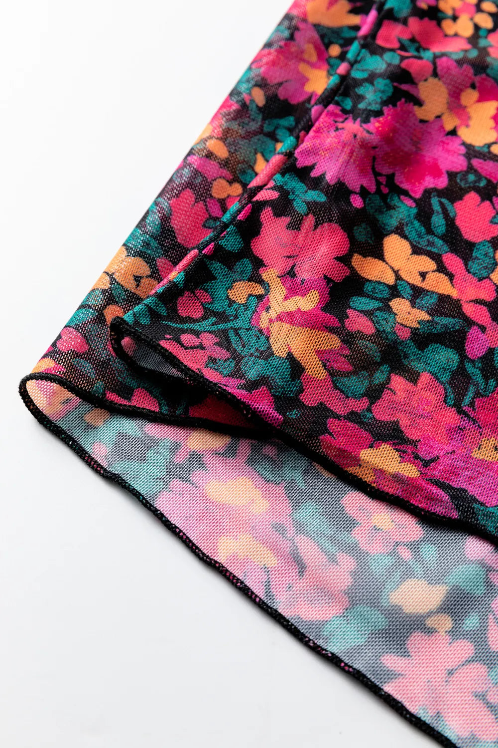 All-Over Bright Floral Mock Neck Mesh Long Sleeve Top