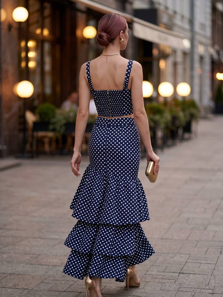 Polka Dot (100% Cotton) Cascading Tiered Maxi Skirt - Navy