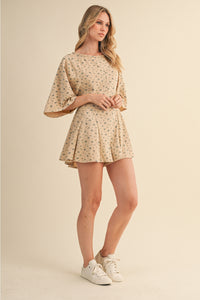Beige Floral (85% Cotton) Flowy Shorts Romper w/Pockets