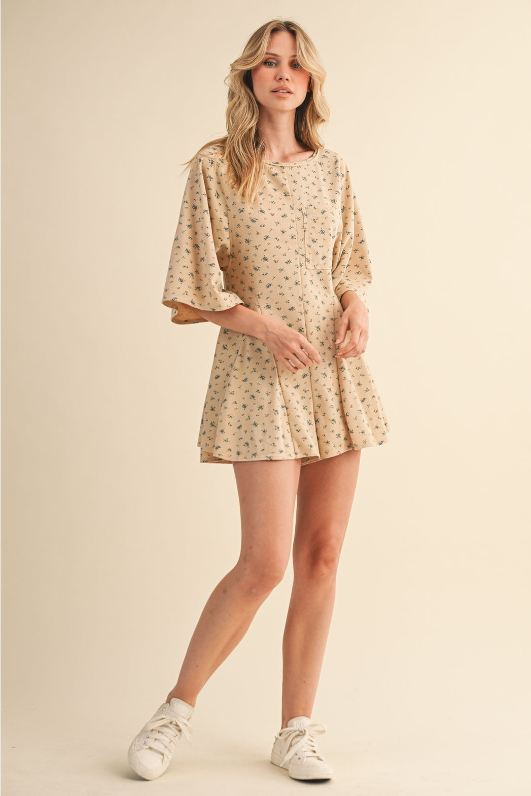 Beige Floral (85% Cotton) Flowy Shorts Romper w/Pockets