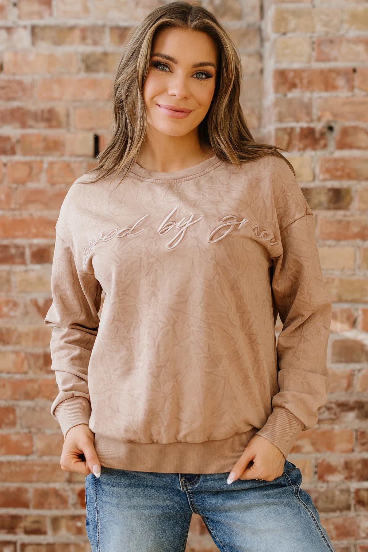 Saved By Grace (Beige) Letter Embroidery Mineral Wash Loose Sweatshirt