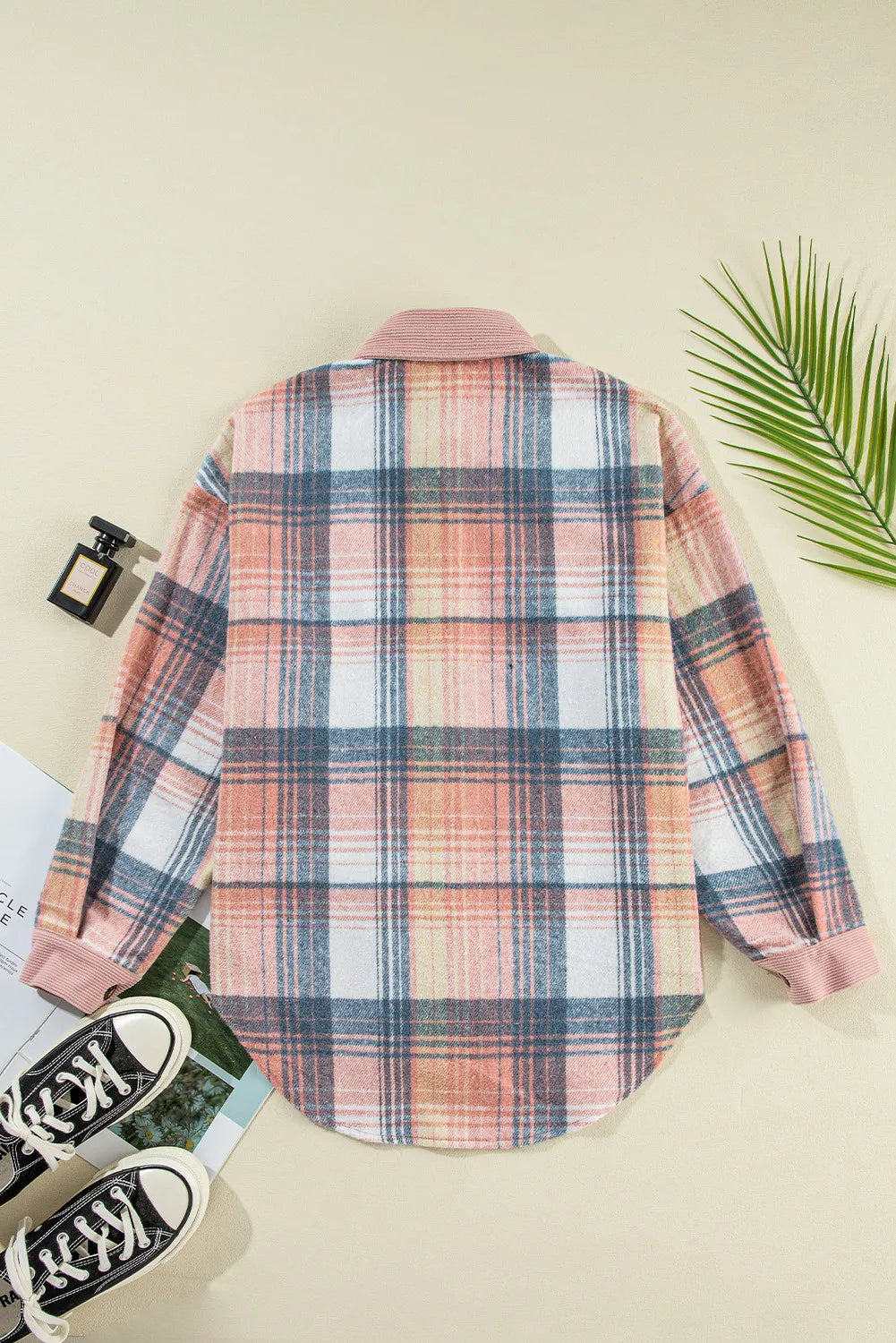 Light Pink Corduroy and Soft Plaid Shacket with Pockets