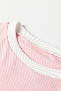 Pink Stripe Contrast Edge Patchwork Long Sleeve Top