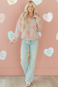 Gray Quarter Zip Pullover w/Pink Bows and Accents