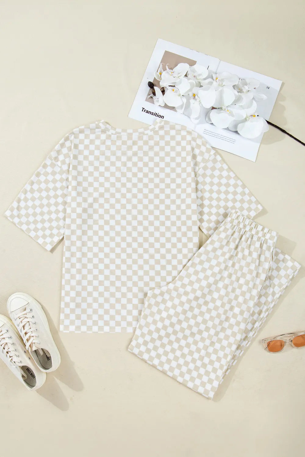 Khaki & White 2pc Checkered Print Half Sleeve Loungewear with Pockets