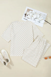 Khaki & White 2pc Checkered Print Half Sleeve Loungewear with Pockets