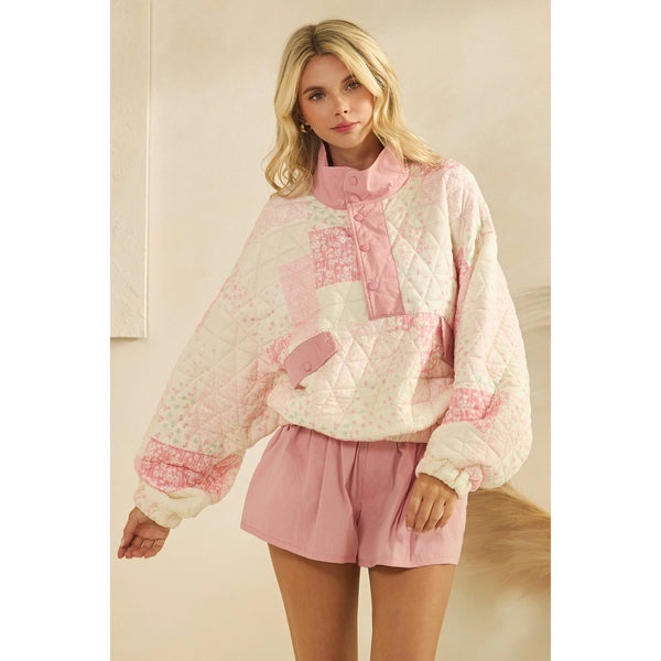 Floral Textured Quilted-Print Pullover w/Snap Buttons
