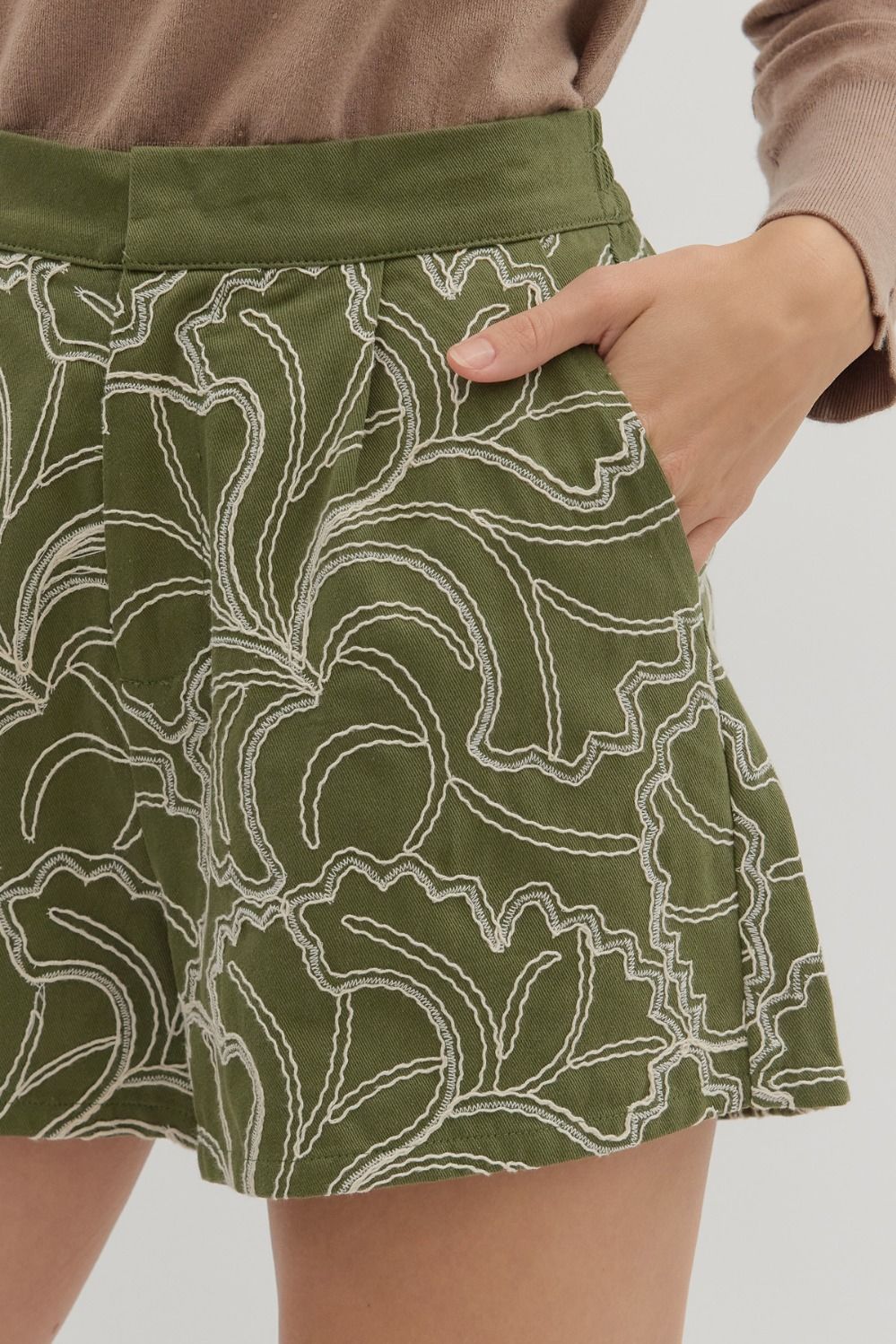 Olivia Textured High Waist (Cotton) Shorts w/ Ivory Floral Embroidery