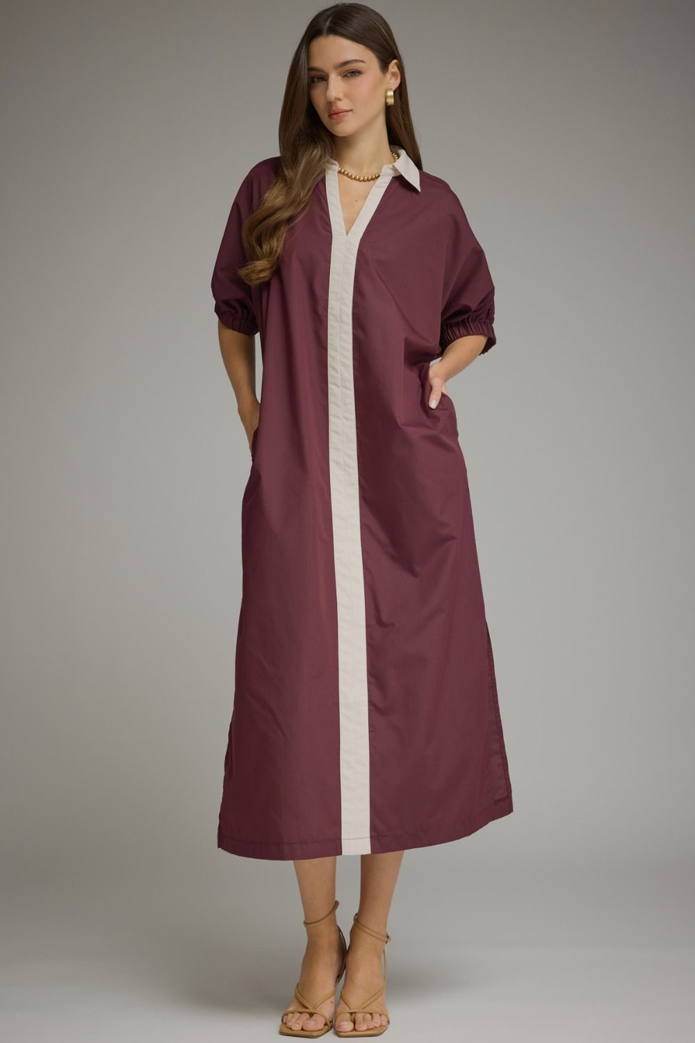 Winesday Puff Sleeve V-Neck Lined Midi Dress w/Pockets