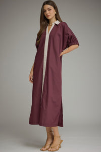 Winesday Puff Sleeve V-Neck Lined Midi Dress w/Pockets