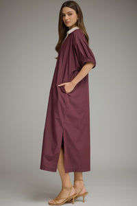Winesday Puff Sleeve V-Neck Lined Midi Dress w/Pockets