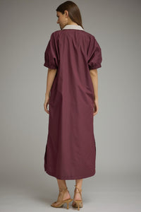 Winesday Puff Sleeve V-Neck Lined Midi Dress w/Pockets